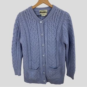 Aran Crafts Ireland Blue Merino Wool Cable Knit Chunky Cardigan Sweater Small